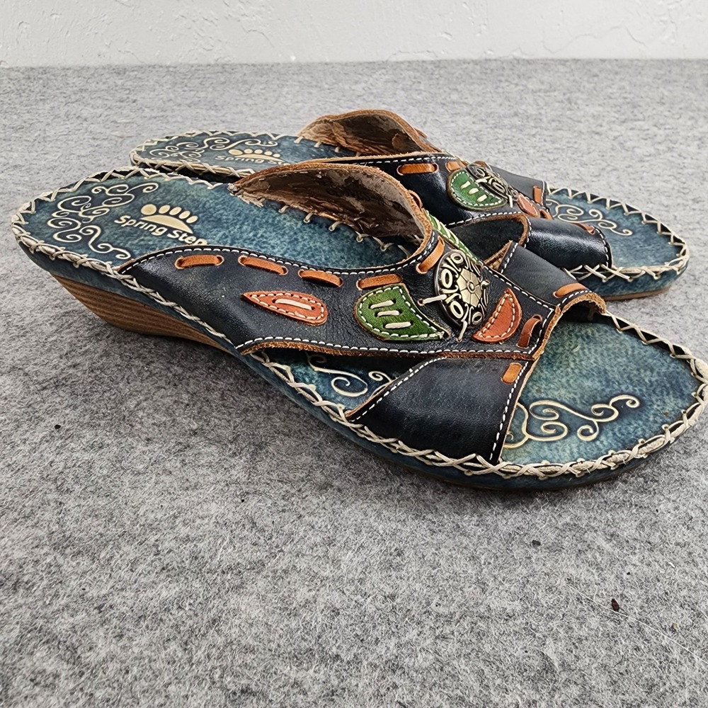 Spring Step Size 37 US 6.5 | Blue Leather Floral Applique Wedge Sandals Boho